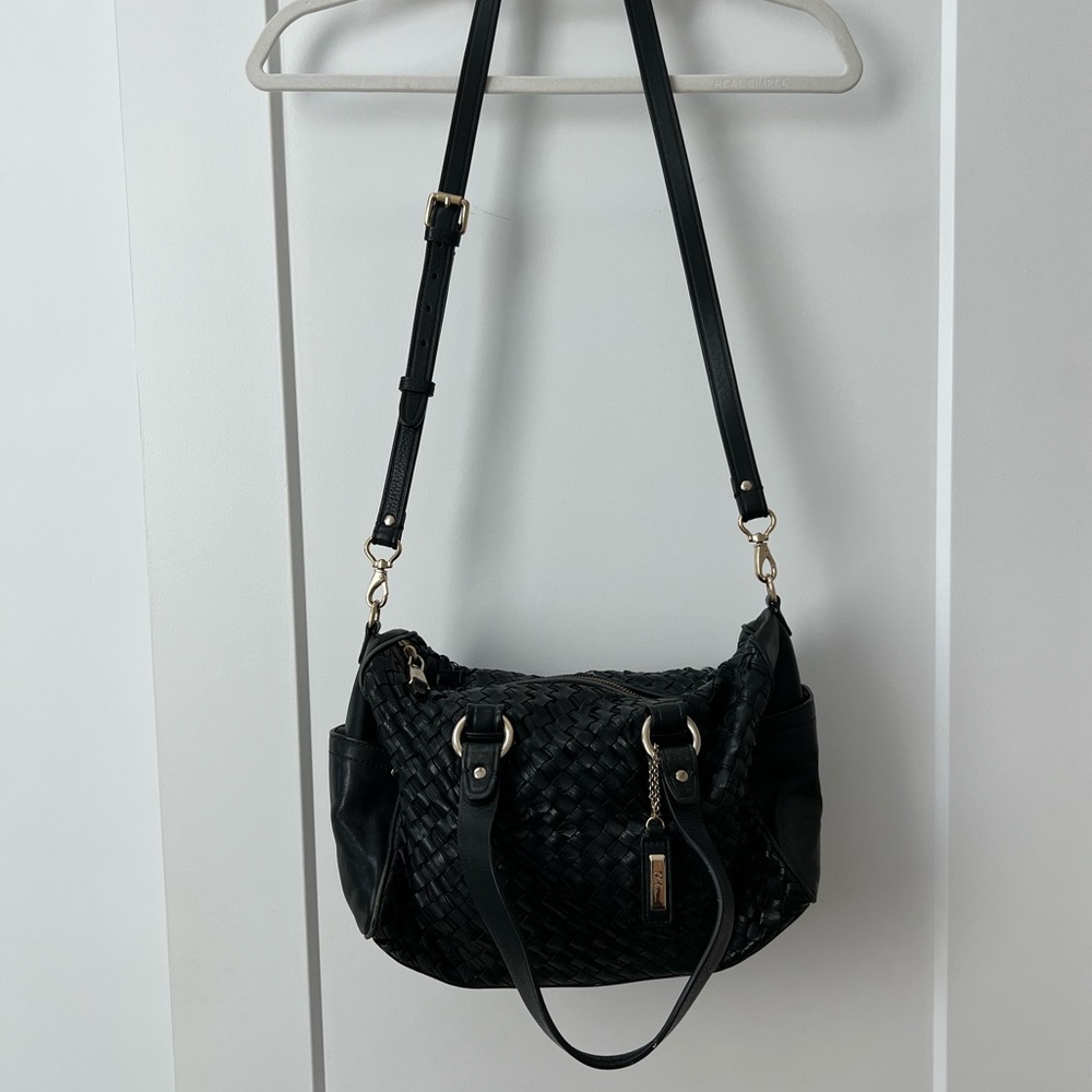 Cole Haan Black Woven Leather Bag With Crossbody Strap